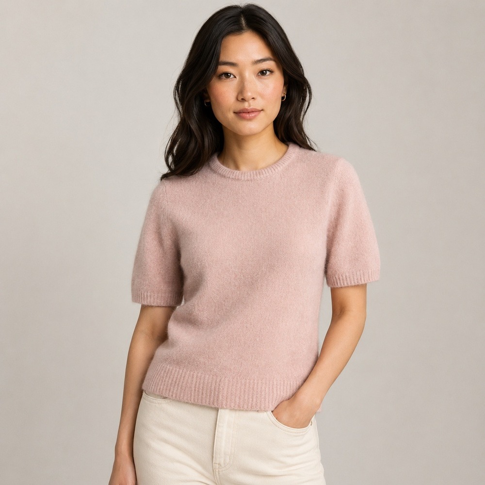 Vintage Mantessa Pink Lambswool Angora Short Sleeve Sweater Pearl Keyhole Back M